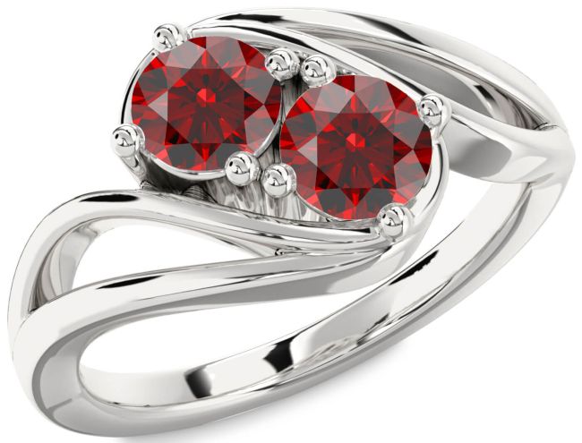 Garnet Silver Round Two Stone Birthstone Ring