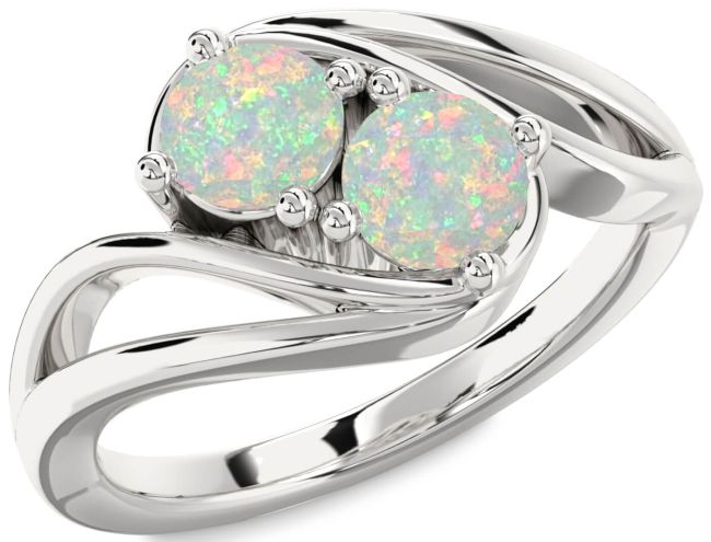 Opal Silver Round Two Stone Birthstone Ring