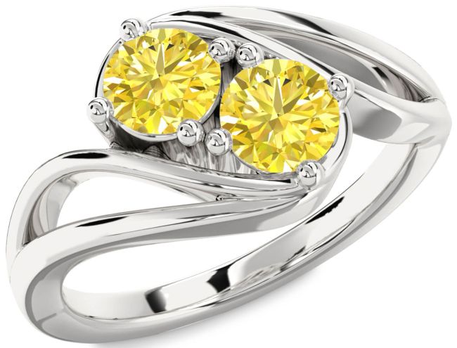 Yellow Diamond Silver Round Two Stone Ring