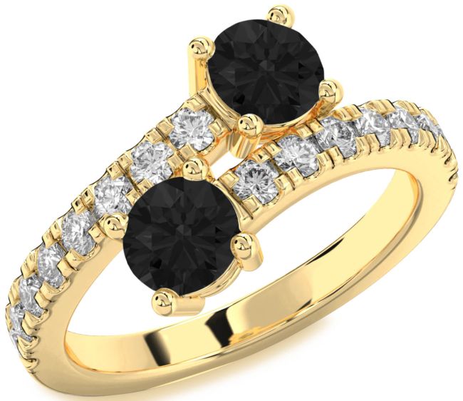 Black Diamond Gold Silver Round Two Stone Ring