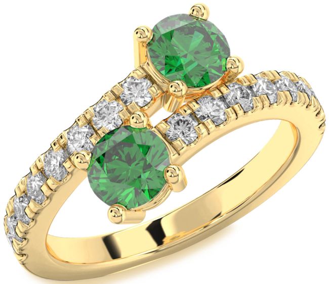 Diamond Emerald Gold Round Two Stone Birthstone Ring