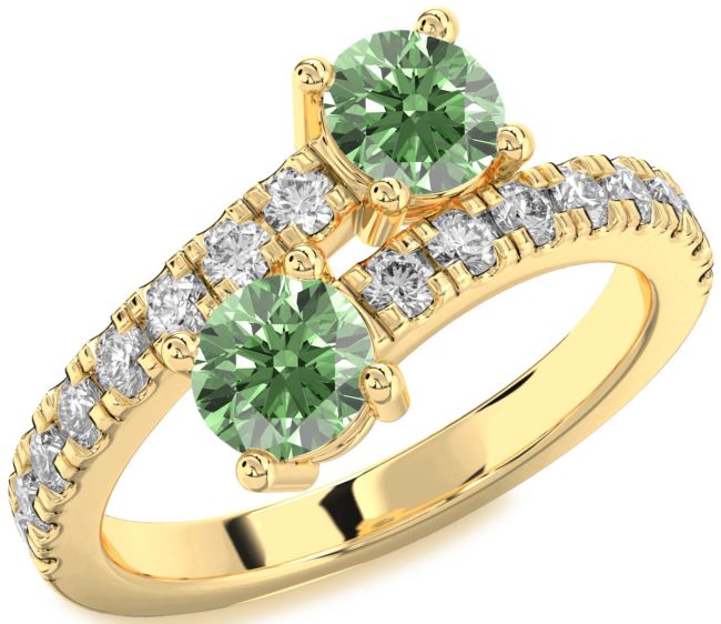 Green Diamond Gold Silver Round Two Stone Ring