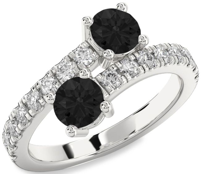 Black Diamond Silver Round Two Stone Ring