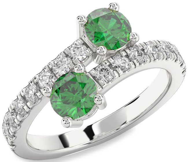 Diamond Emerald Silver Round Two Stone Birthstone Ring