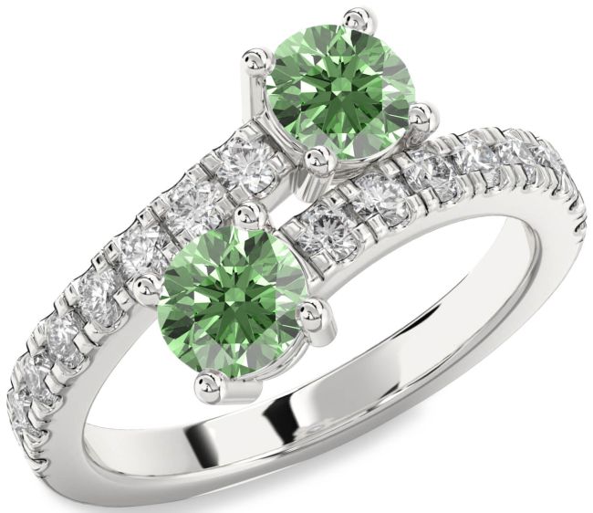 Green Diamond Silver Round Two Stone Ring