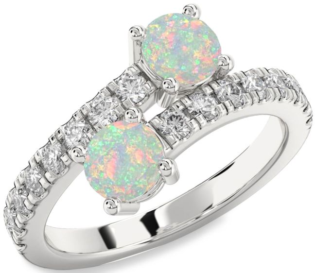 Diamond Opal Silver Round Two Stone Birthstone Ring