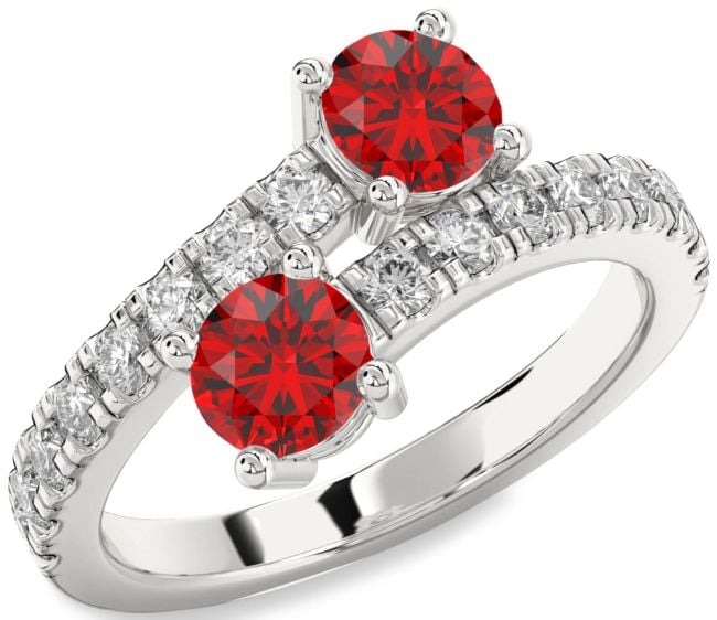 Diamond Ruby Silver Round Two Stone Birthstone Ring