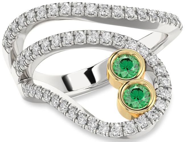 Diamond Emerald Gold Silver Round Two Stone Birthstone Ring