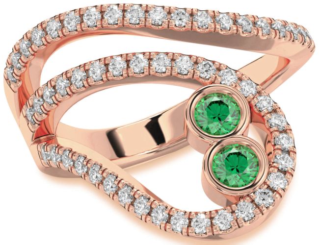 Diamond Emerald Rose Gold Round Two Stone Birthstone Ring