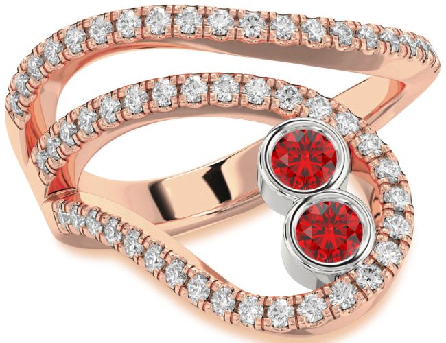 Diamond Ruby Rose Gold Silver Round Two Stone Birthstone Ring
