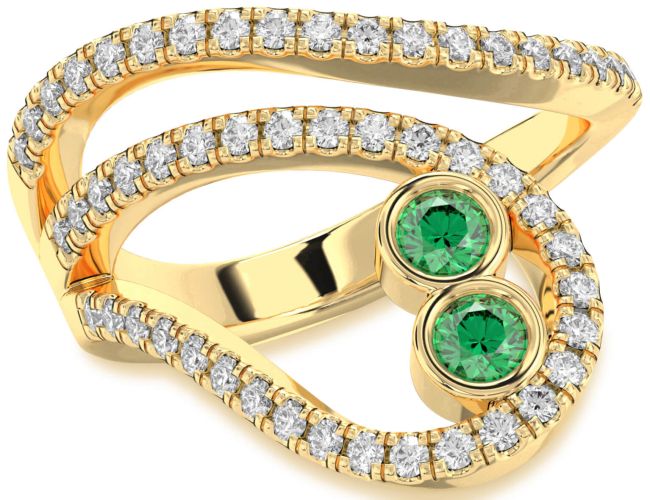Diamond Emerald Gold Round Two Stone Birthstone Ring