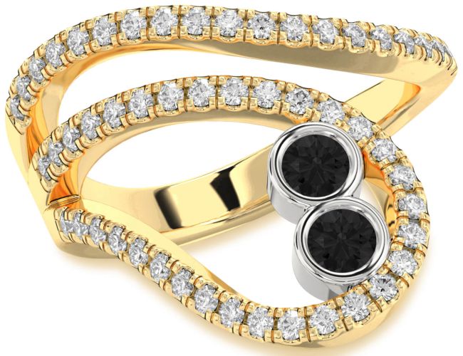 Black Diamond Gold Silver Round Two Stone Ring