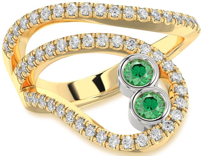Diamond Emerald Gold Silver Round Two Stone Birthstone Ring