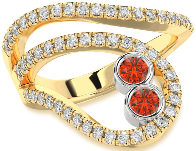 Diamond Fire Opal Gold Silver Round Two Stone Ring