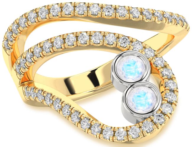 Diamond Moonstone Gold Silver Round Two Stone Ring