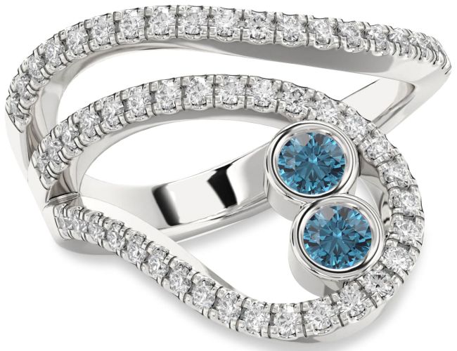 Blue Diamond Silver Round Two Stone Ring