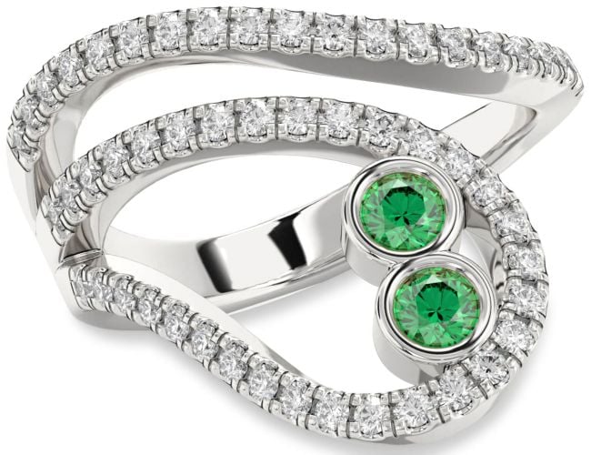 Diamond Emerald Silver Round Two Stone Birthstone Ring