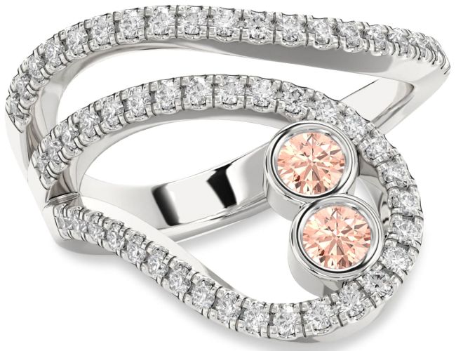 Diamond Morganite Silver Round Two Stone Ring
