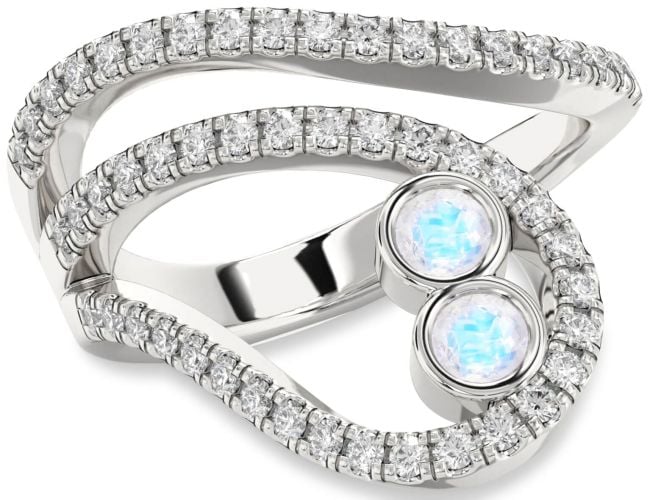 Diamond Moonstone Silver Round Two Stone Ring