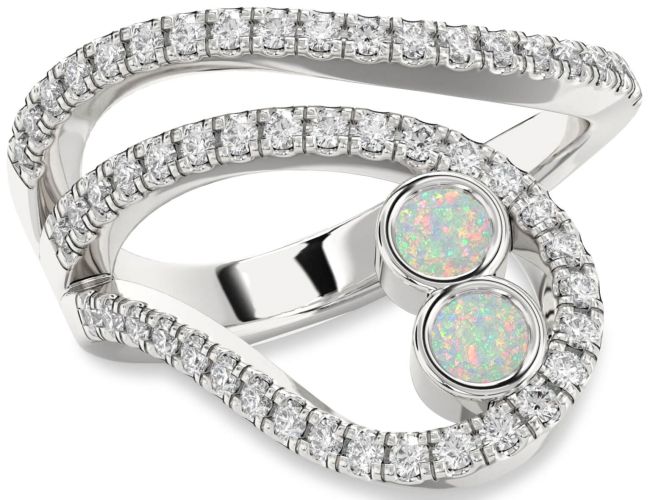 Diamond Opal Silver Round Two Stone Birthstone Ring