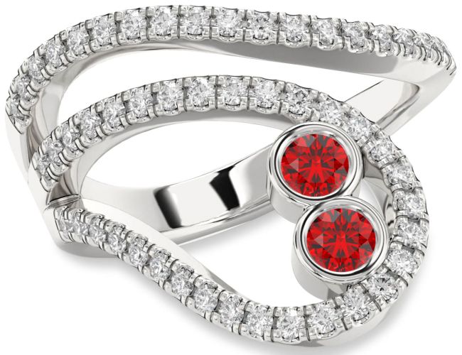 Diamond Ruby Silver Round Two Stone Birthstone Ring
