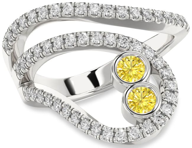 Yellow Diamond Silver Round Two Stone Ring