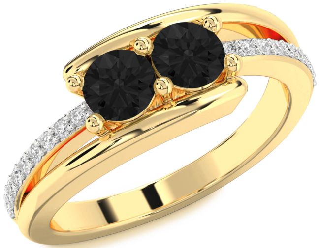 Black Diamond Gold Silver Round Two Stone Ring