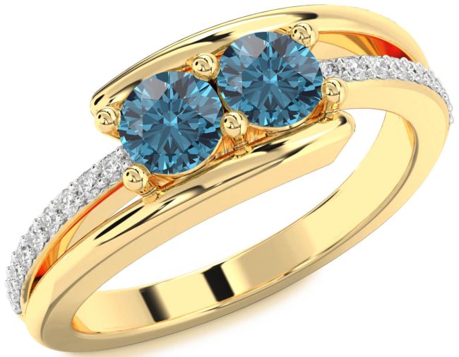 Blue Diamond Gold Silver Round Two Stone Ring
