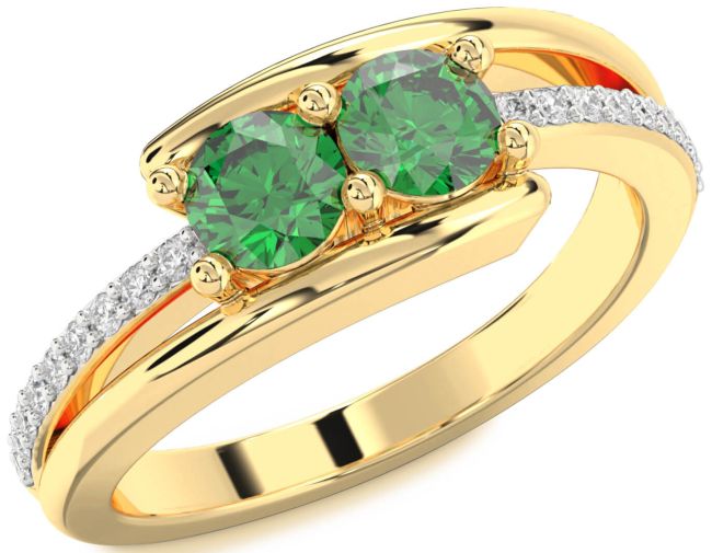 Diamond Emerald Gold Silver Round Two Stone Birthstone Ring