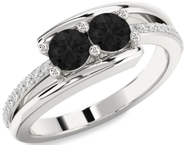 Black Diamond Silver Round Two Stone Ring