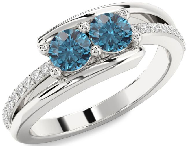 Blue Diamond Silver Round Two Stone Ring