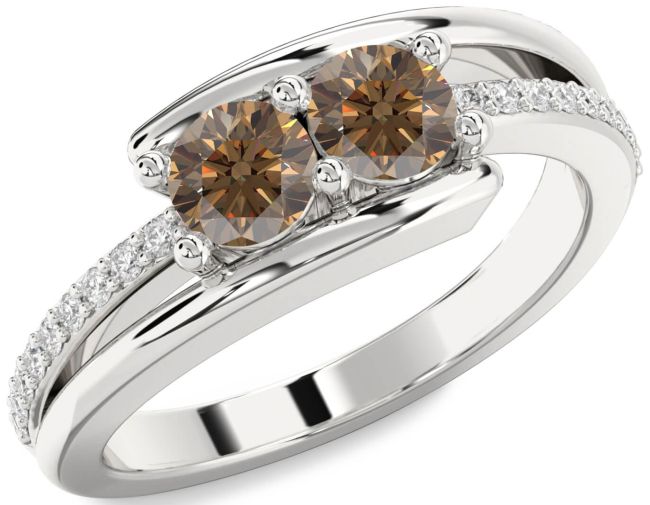 Chocolate Brown Diamond Silver Round Two Stone Ring