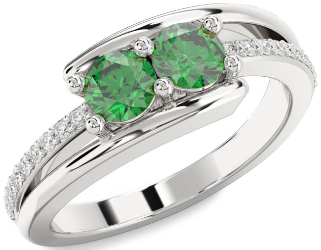 Diamond Emerald Silver Round Two Stone Birthstone Ring