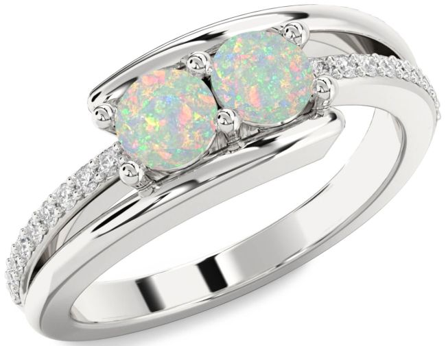 Diamond Opal Silver Round Two Stone Birthstone Ring