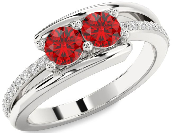 Diamond Ruby Silver Round Two Stone Birthstone Ring