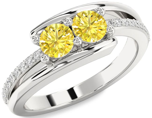 Yellow Diamond Silver Round Two Stone Ring