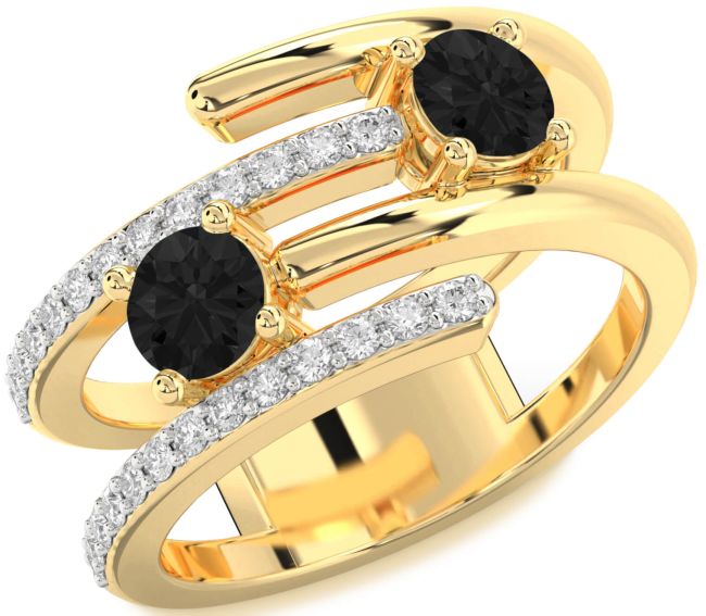 Black Diamond Gold Silver Round Two Stone Ring