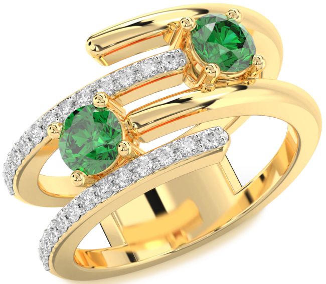 Diamond Emerald Gold Round Two Stone Birthstone Ring