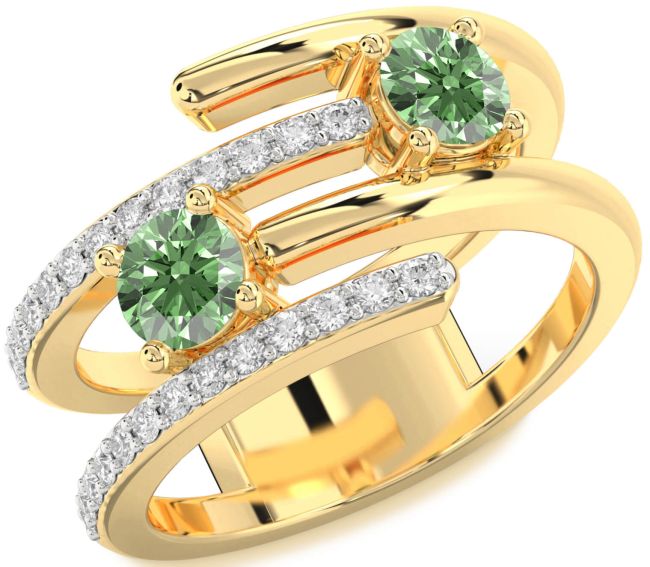 Green Diamond Gold Silver Round Two Stone Ring