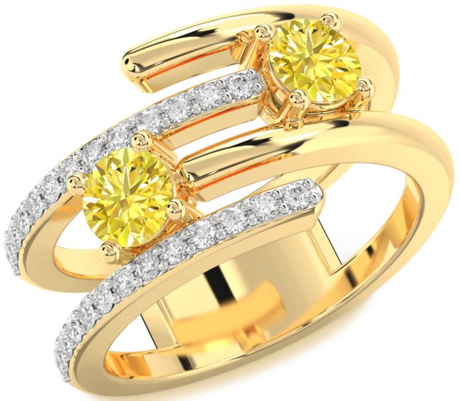Yellow Diamond Gold Silver Round Two Stone Ring