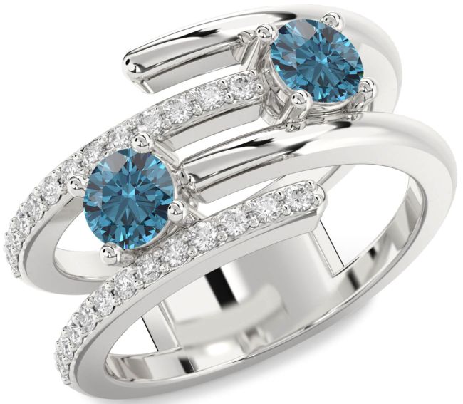 Blue Diamond Silver Round Two Stone Ring