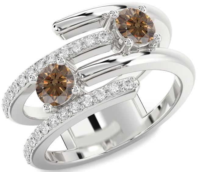 Chocolate Brown Diamond Silver Round Two Stone Ring