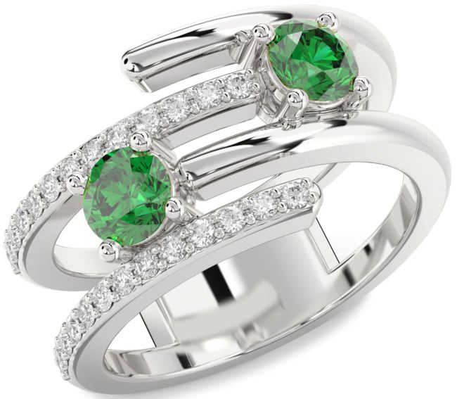 Diamond Emerald Silver Round Two Stone Birthstone Ring