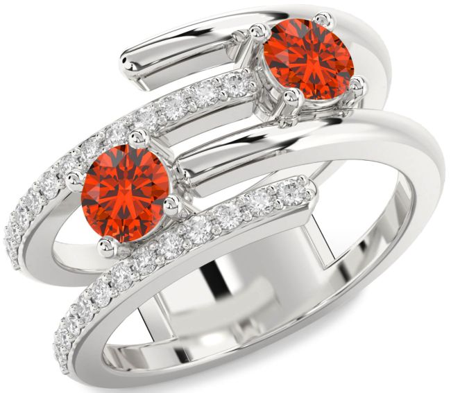 Diamond Fire Opal Silver Round Two Stone Ring