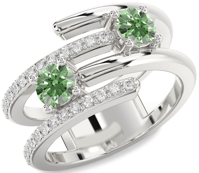 Green Diamond Silver Round Two Stone Ring
