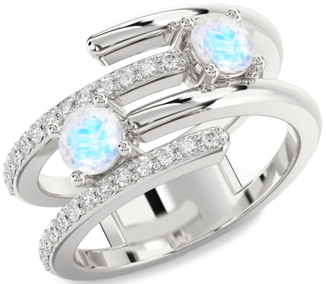 Diamond Moonstone Silver Round Two Stone Ring