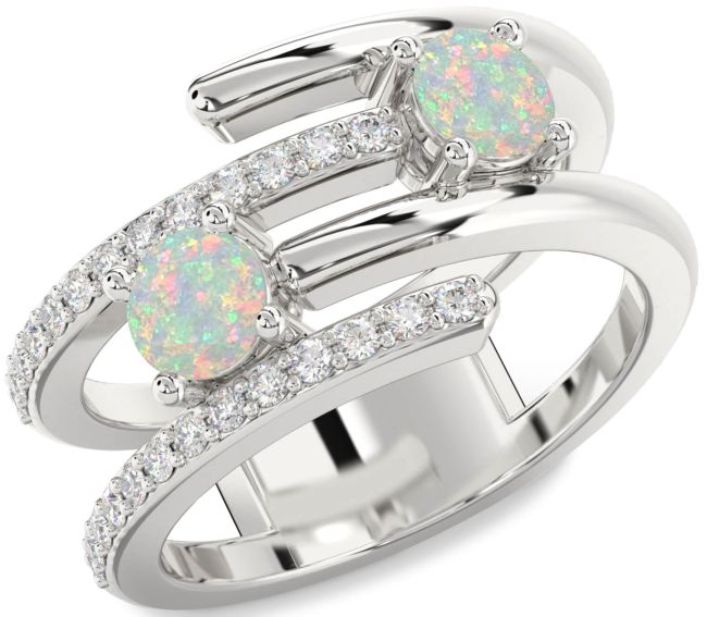 Diamond Opal Silver Round Two Stone Birthstone Ring