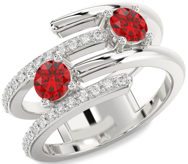 Diamond Ruby Silver Round Two Stone Birthstone Ring