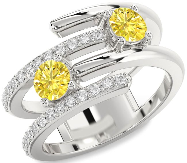 Yellow Diamond Silver Round Two Stone Ring