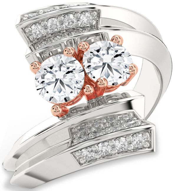 Diamond Rose Gold Silver Round Two Stone Ring